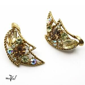 Vintage Emmons Signed Rhinestone Clip On Earrings Mid Century Glam 1.5"- Hey Viv